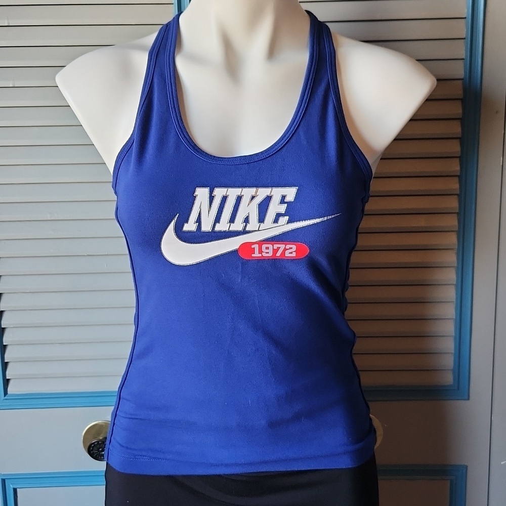 Nike Blue Racerback Tank with White Swoosh and Red Accent